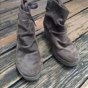 Fly London Green Brown Suede Ankle Slouch Boots 7.5 8 EU38 Wedge Lace Up Booties